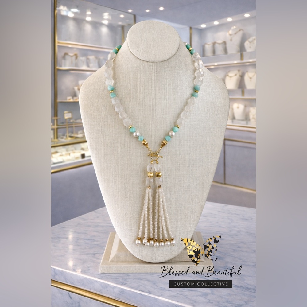 CLEAR ROCK CRYSTAL-AND FACETED CUBE AMAZONITE STONE TASSEL (STATEMENT NECKLACE )